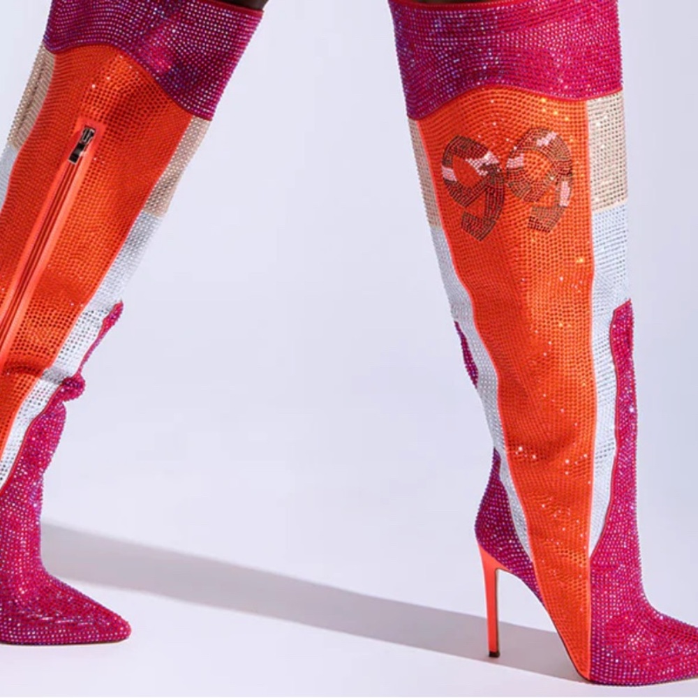 Azalea Y2K Hadley Sporty Knee Pink and Orange Rhinestone Thigh-High Boots 1999 - Picture 6 of 6